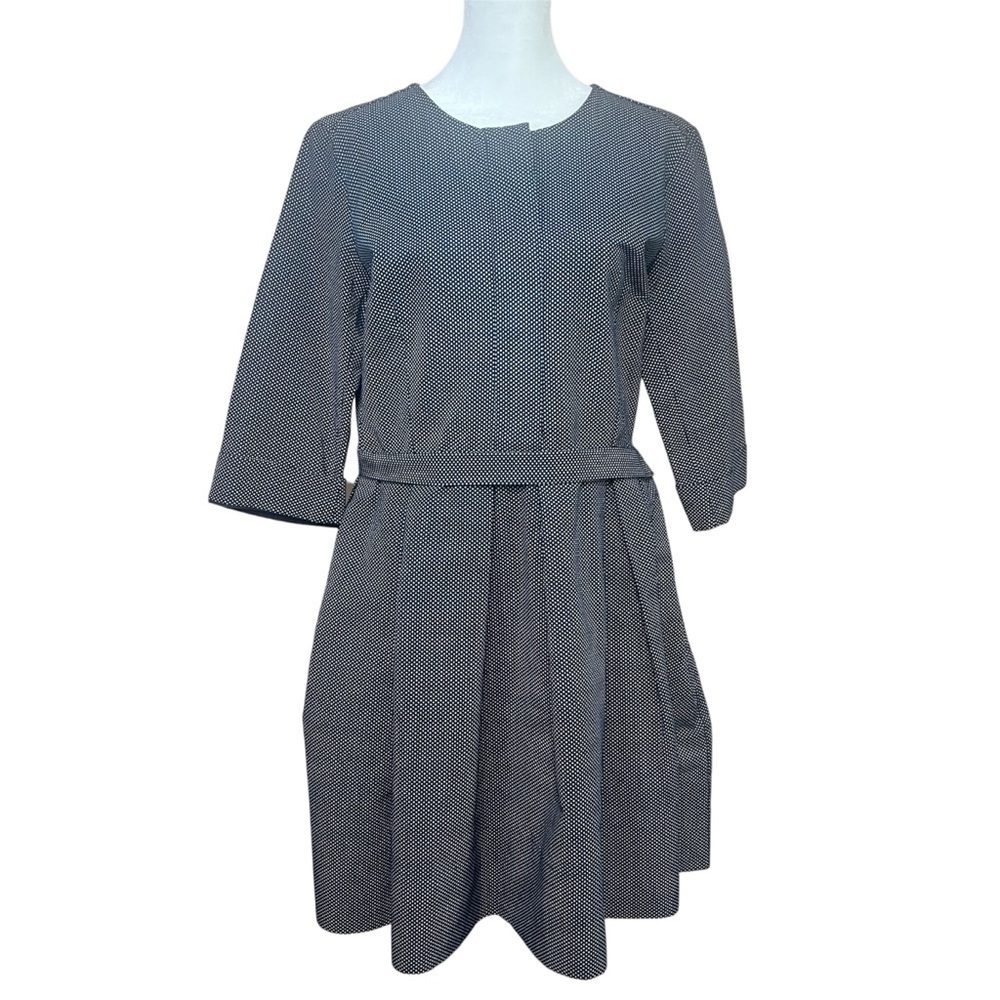 GAP Linen Blend A-Line Dress Polka Dot Pockets Sz 8 Academia Navy Retro Modest